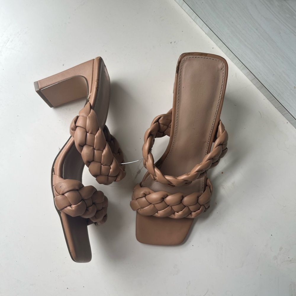 BCBGeneratio Elegant Braided Tan square toed Heels